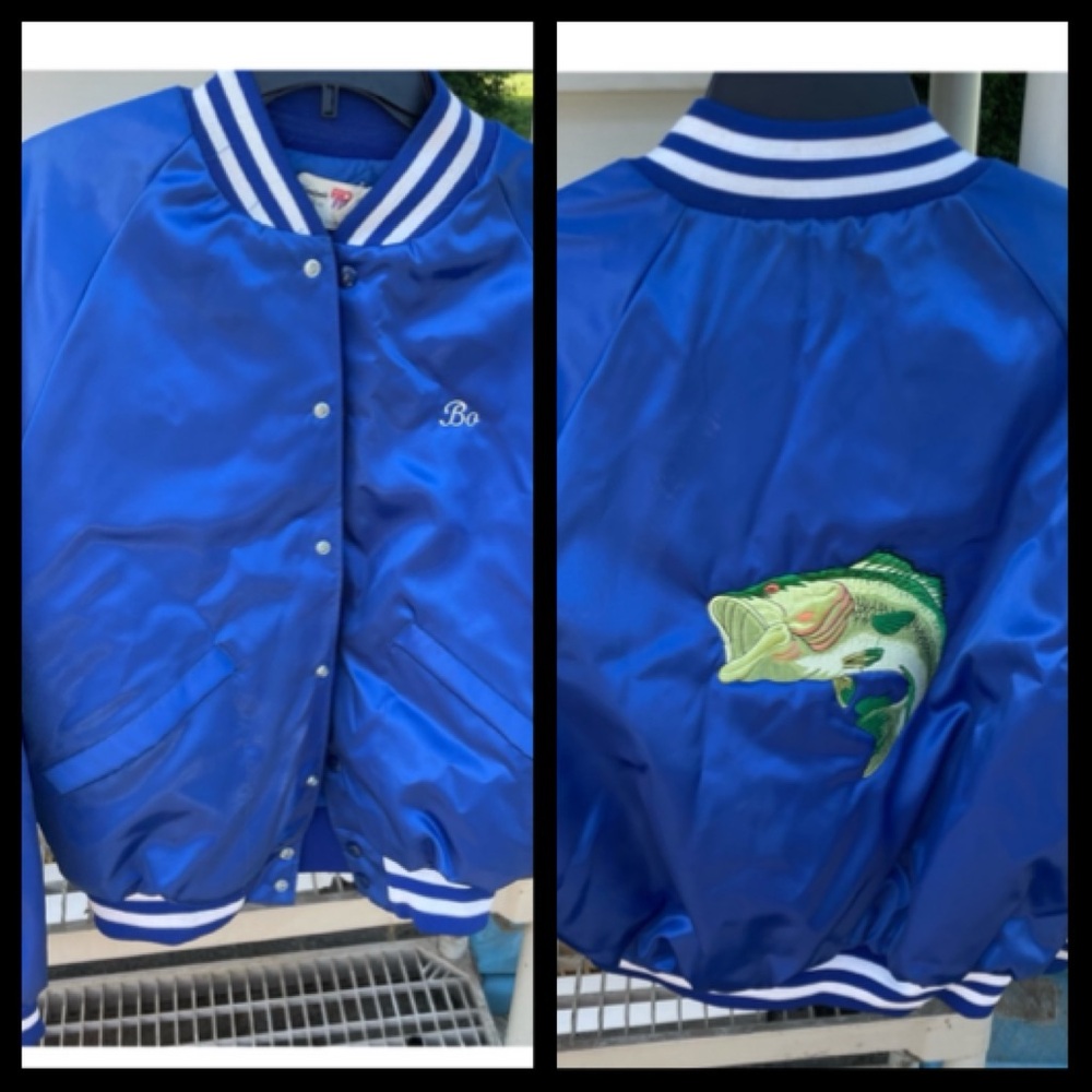 Vintage King Louie 1980s Fishing Sportsmaster Blue Satin Jacket USA Pro Fit